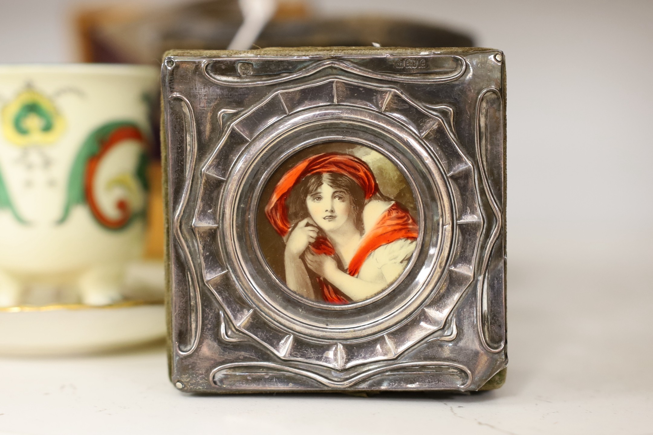 A Victorian silver topped bottle and box, silver spoon, enamel topped box, opera glasses, a portable microscope etc